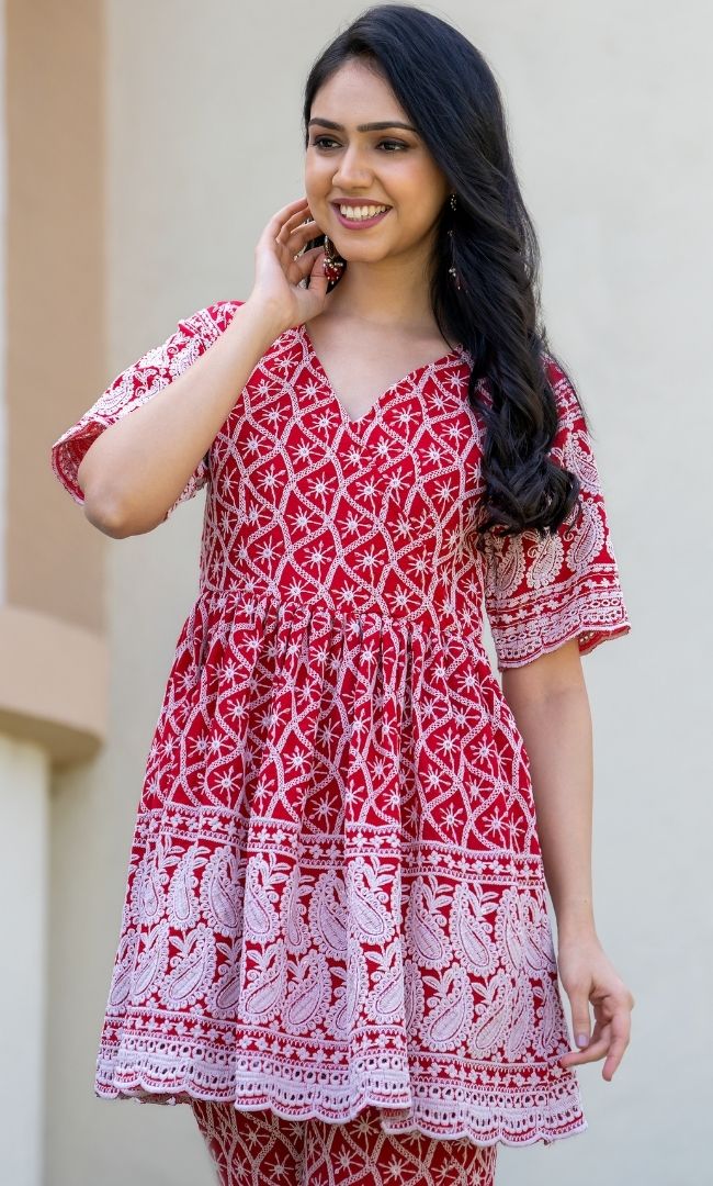 Red Chikankari Top With Pant