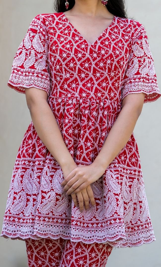 Red Chikankari Top With Pant