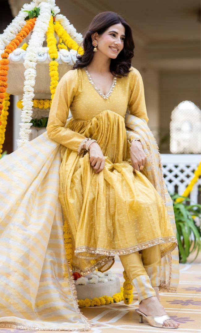 Yumna Yellow Tissue Anarkali Suit Set