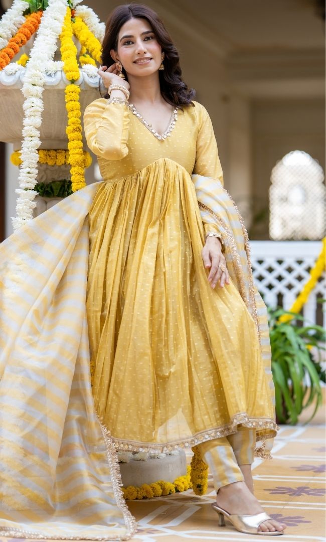 Yumna Yellow Tissue Anarkali Suit Set