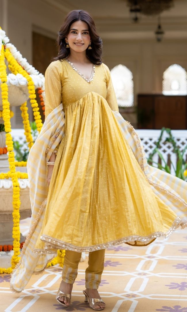 Yumna Yellow Tissue Anarkali Suit Set