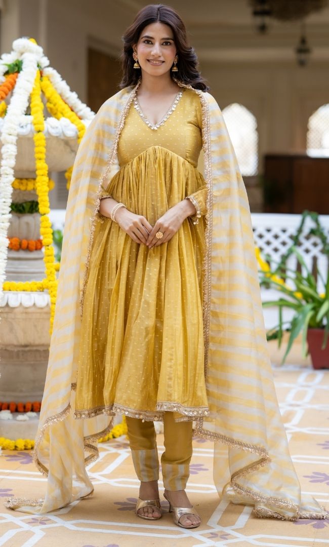 Yumna Yellow Tissue Anarkali Suit Set