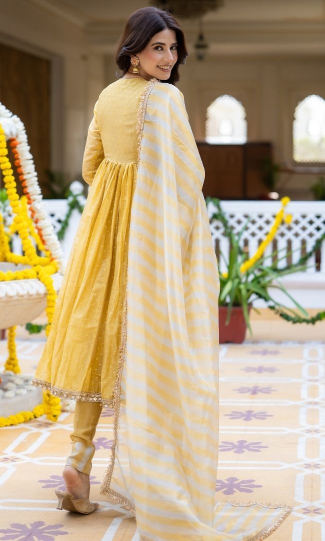 Yumna Yellow Tissue Anarkali Suit Set