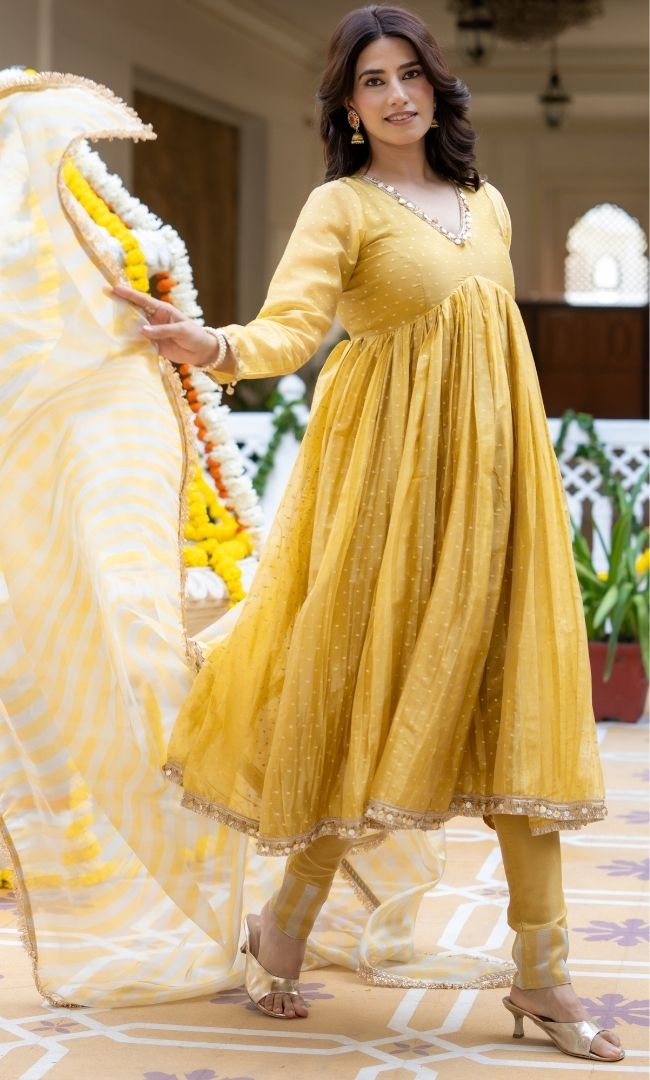 Yumna Yellow Tissue Anarkali Suit Set