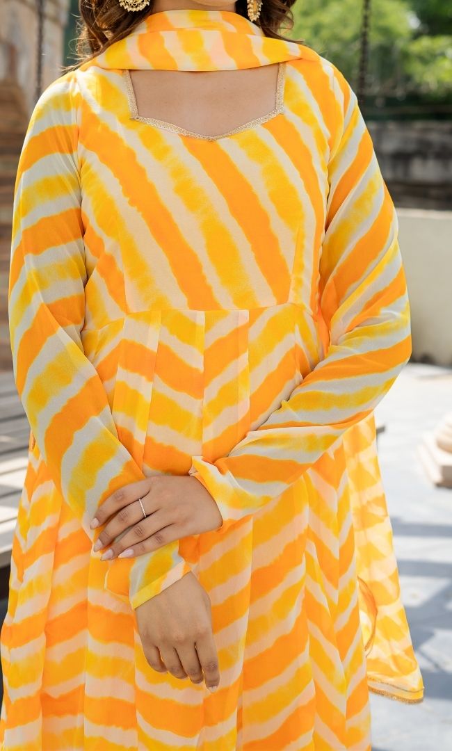 Leheriya Yellow Anarkali Set