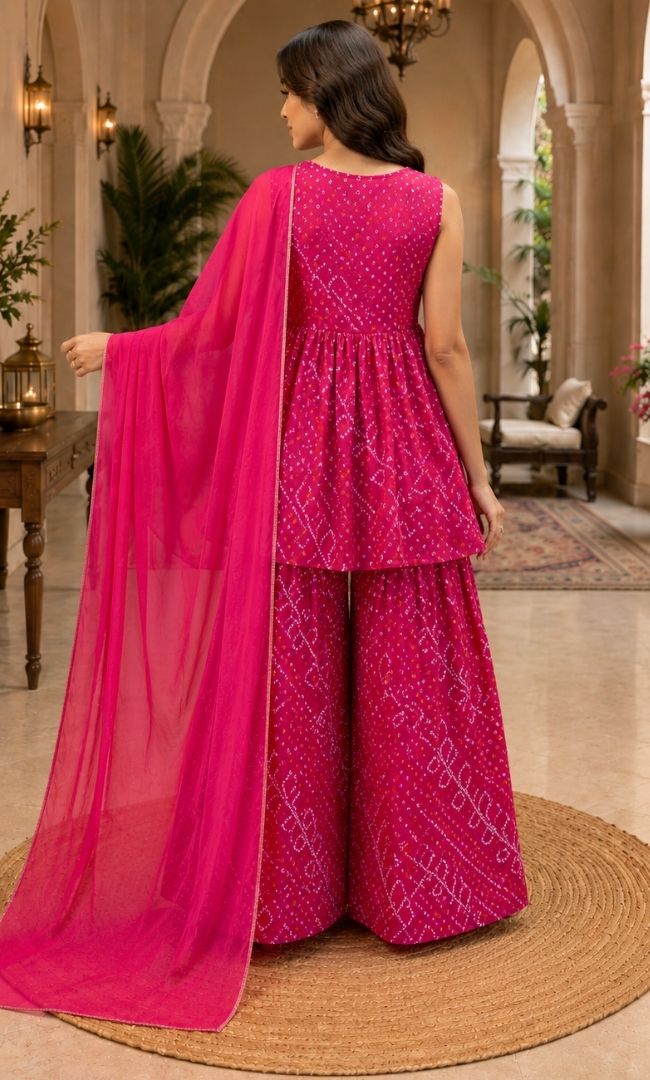 Gulabi Bandhej Sharara Set