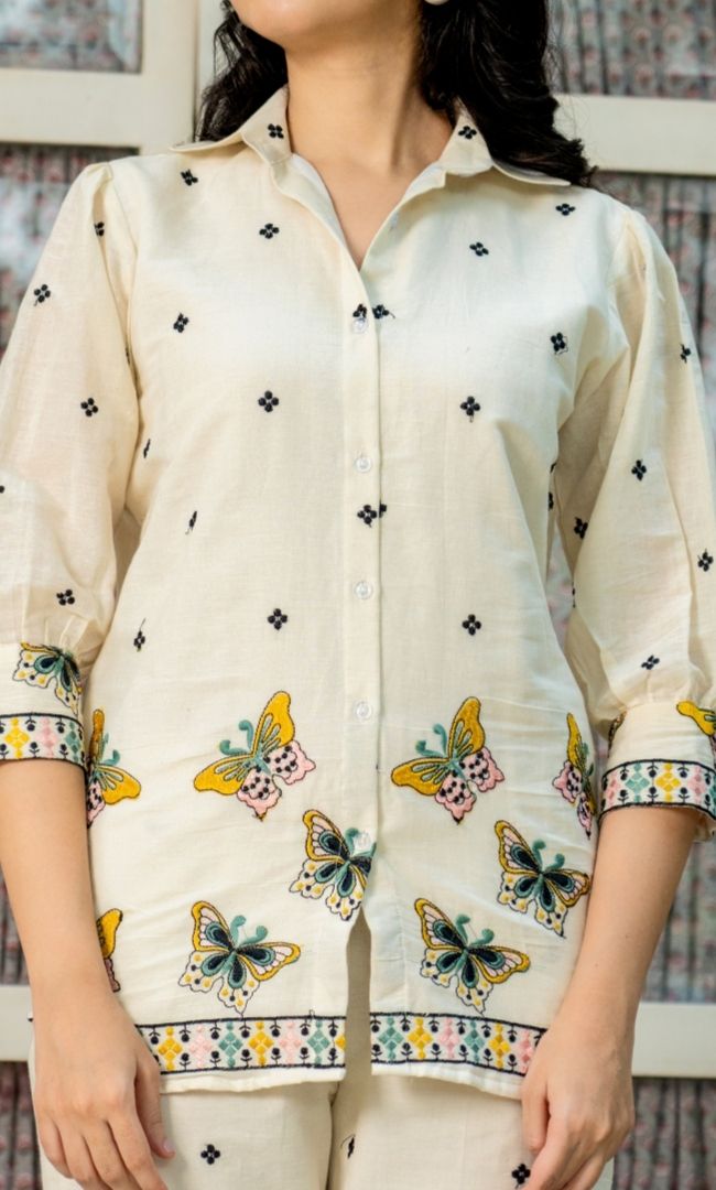 Embroidered White Cotton Butterfly Co-ord Set