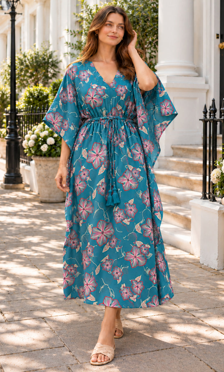 Teal Blue Tropical Printed Kaftan