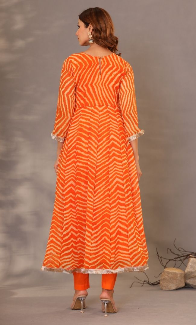 Orange Leheriya Anarkali Set