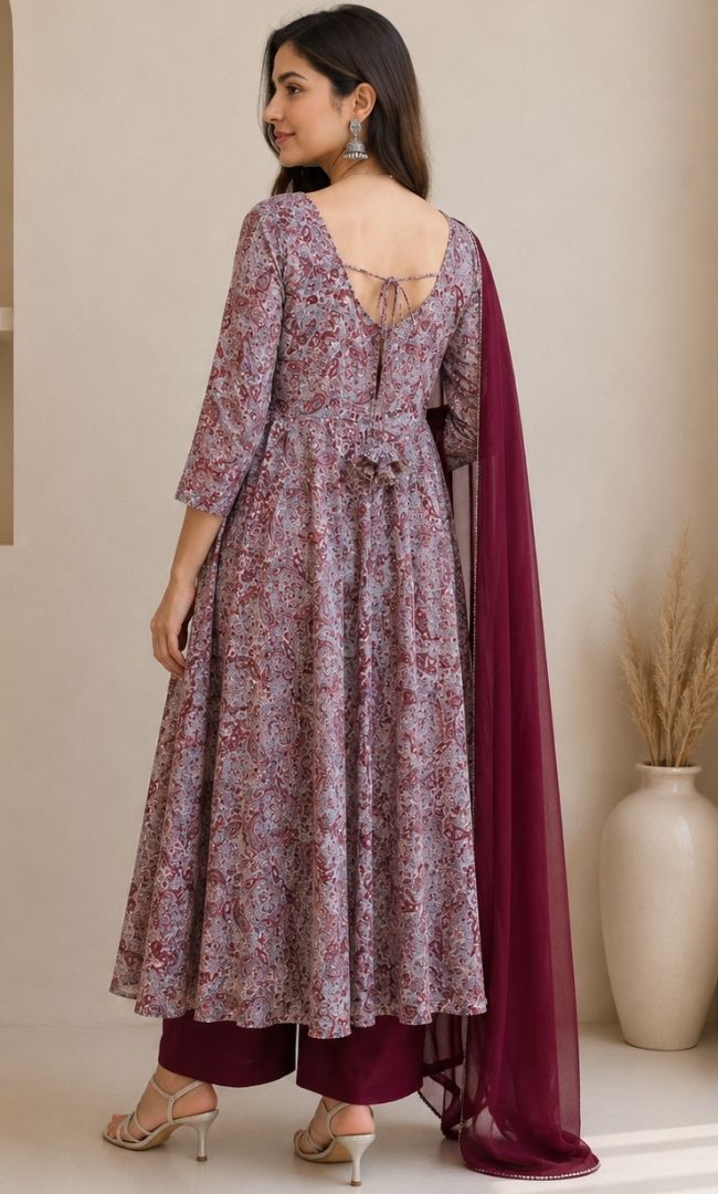 Maroon Floral Organza Anarkali Set