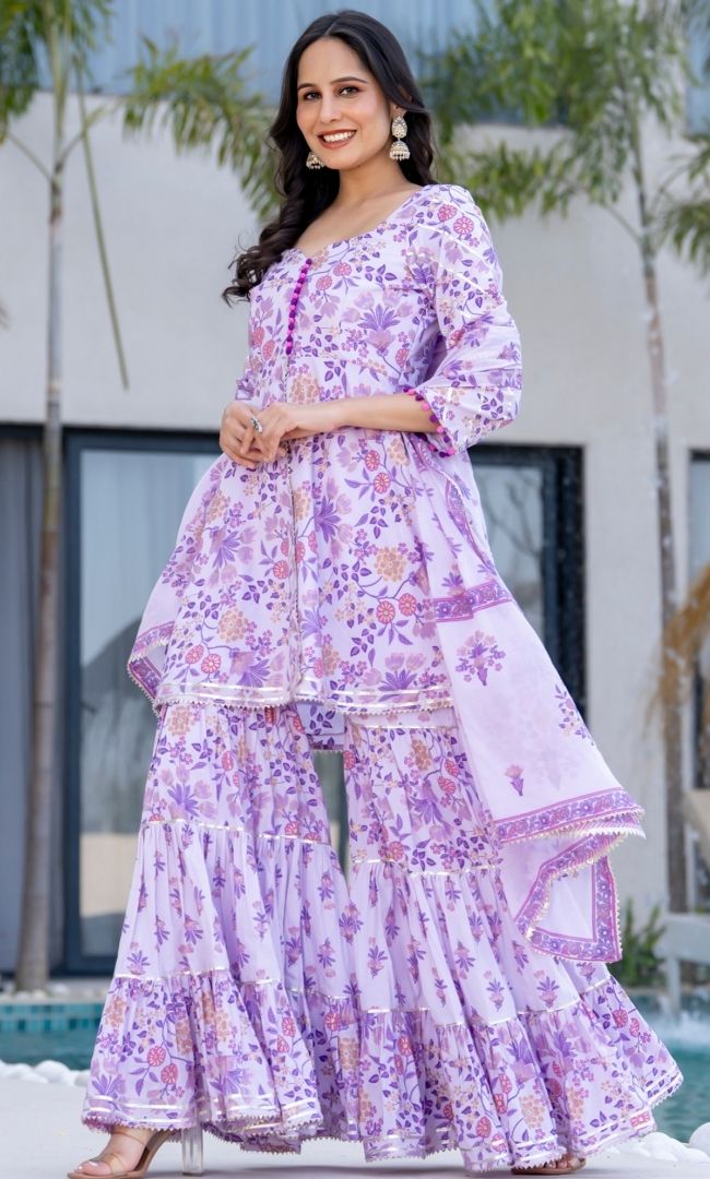 Impress Purple Block Print Sharara Set