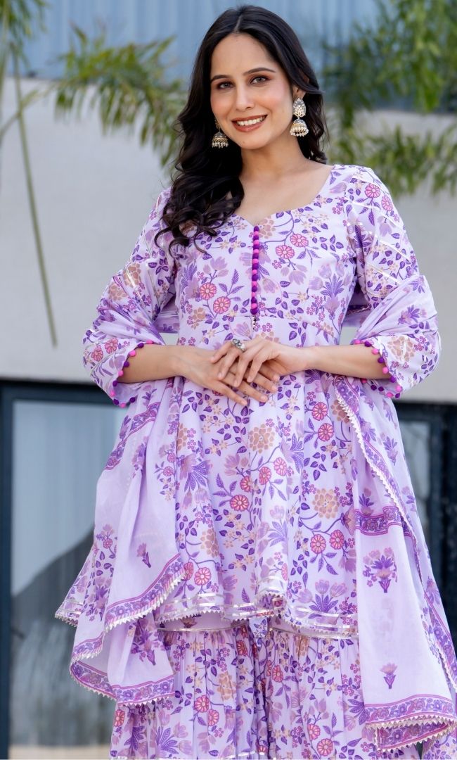 Impress Purple Block Print Sharara Set