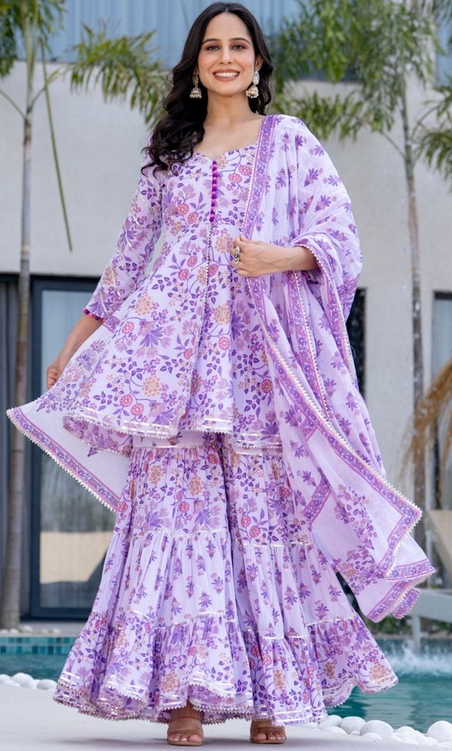 Impress Purple Block Print Sharara Set