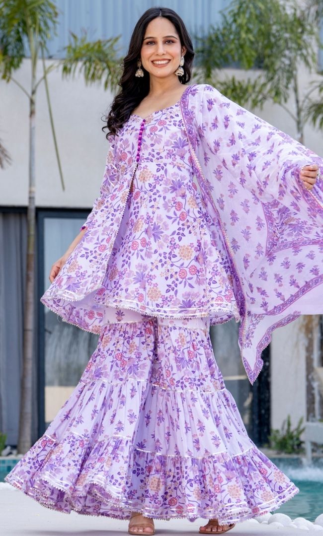 Impress Purple Block Print Sharara Set