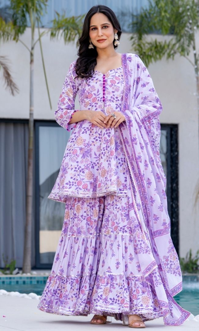 Impress Purple Block Print Sharara Set