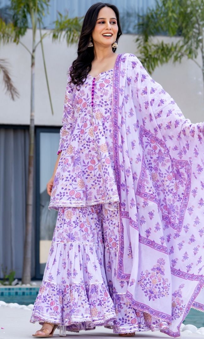 Impress Purple Block Print Sharara Set