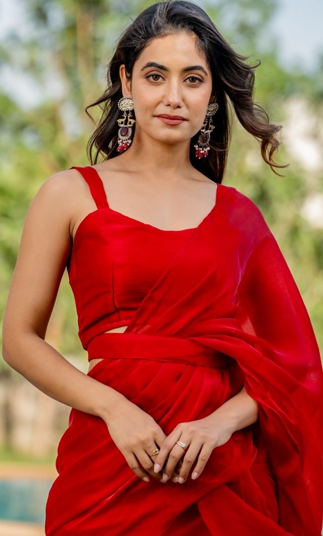 Angel Red Shimmer Ruffle Saree