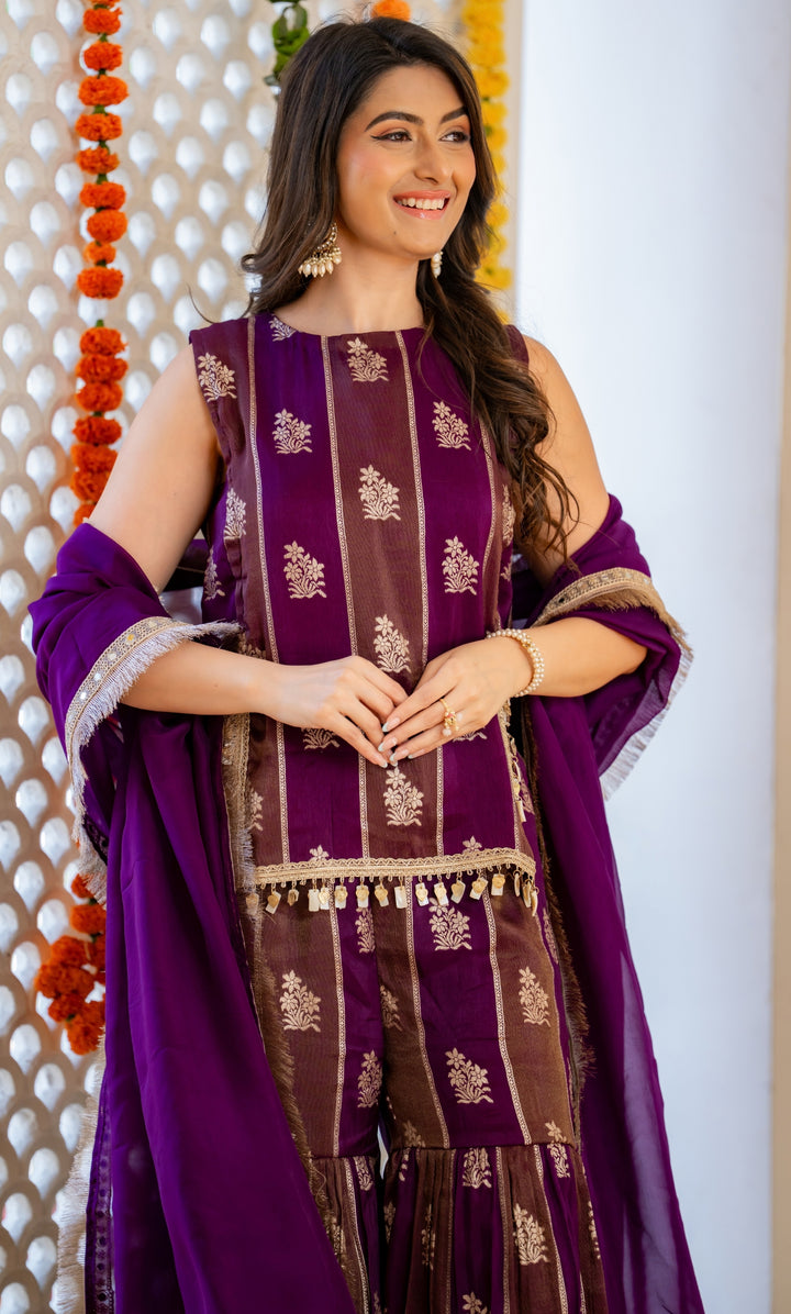 Purple Brocade Sharara Set