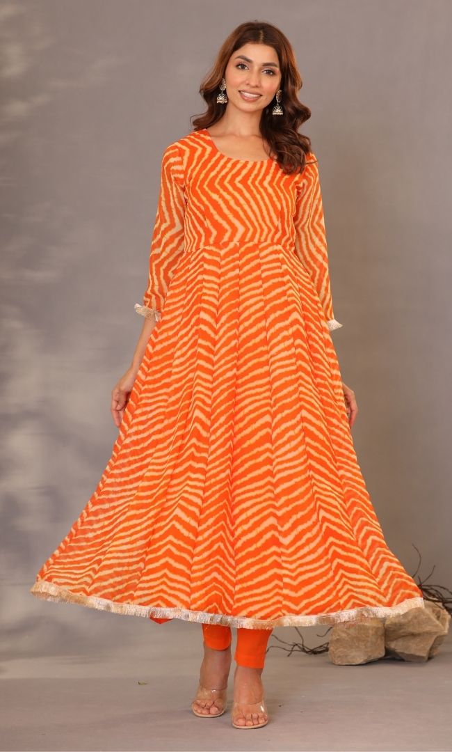 Orange Leheriya Anarkali Set