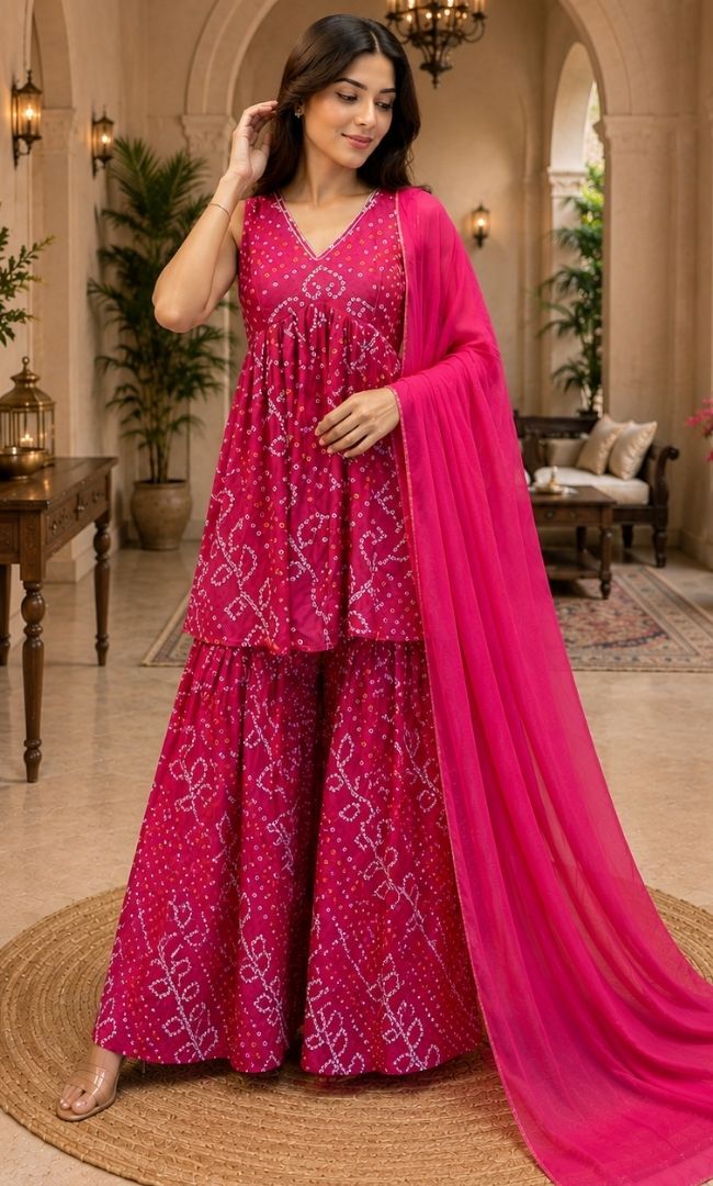 Gulabi Bandhej Sharara Set