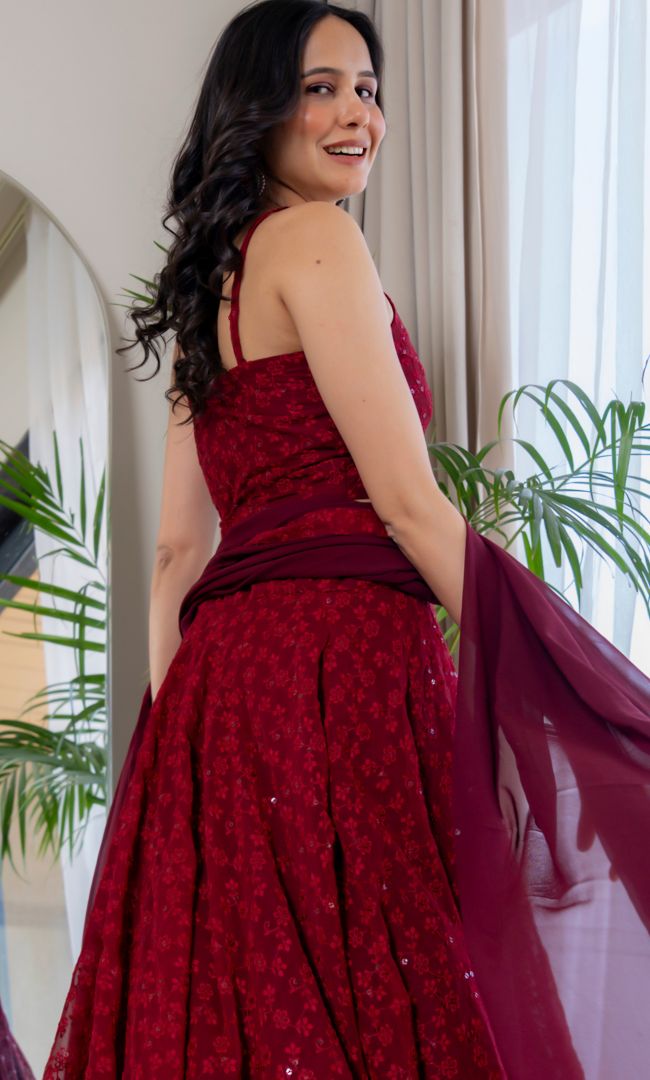 Twilight Maroon Chikankari Lehenga