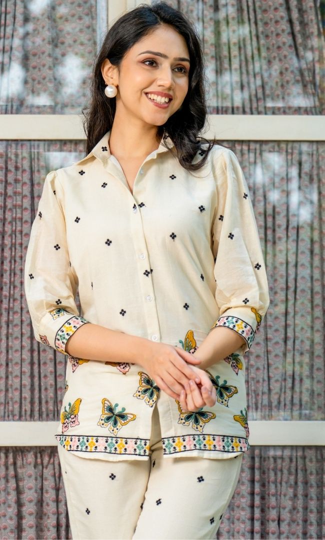 Embroidered White Cotton Butterfly Co-ord Set