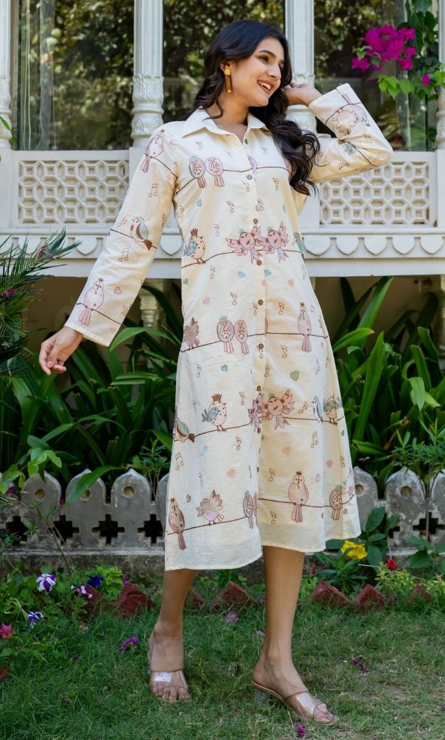 Bird Chirp Cotton Shirt Dress