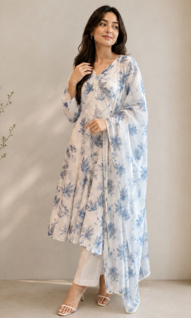 White Blue  Floral Georgette Anarkali Set