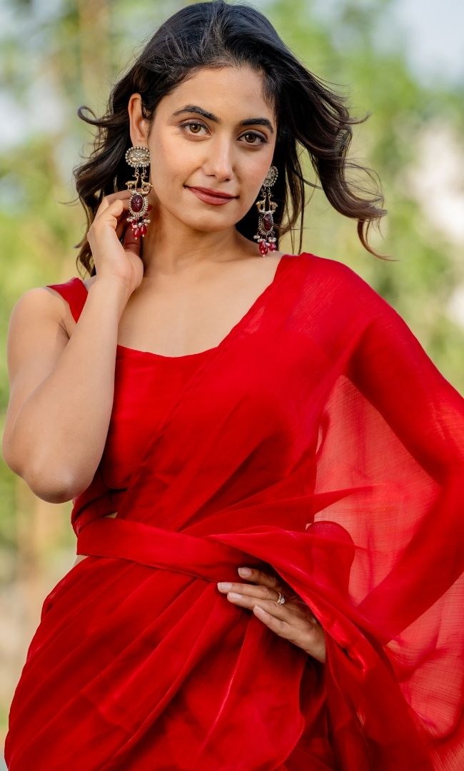 Angel Red Shimmer Ruffle Saree