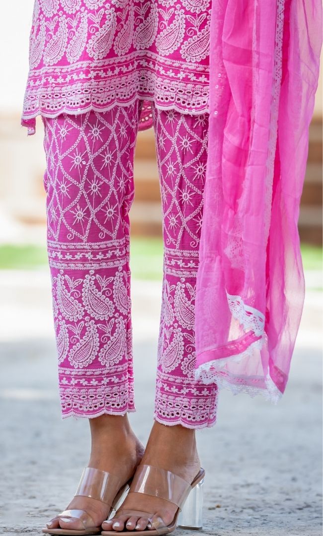 Neon Pink Chikankari Kurta Pant  Set