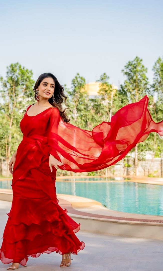 Angel Red Shimmer Ruffle Saree