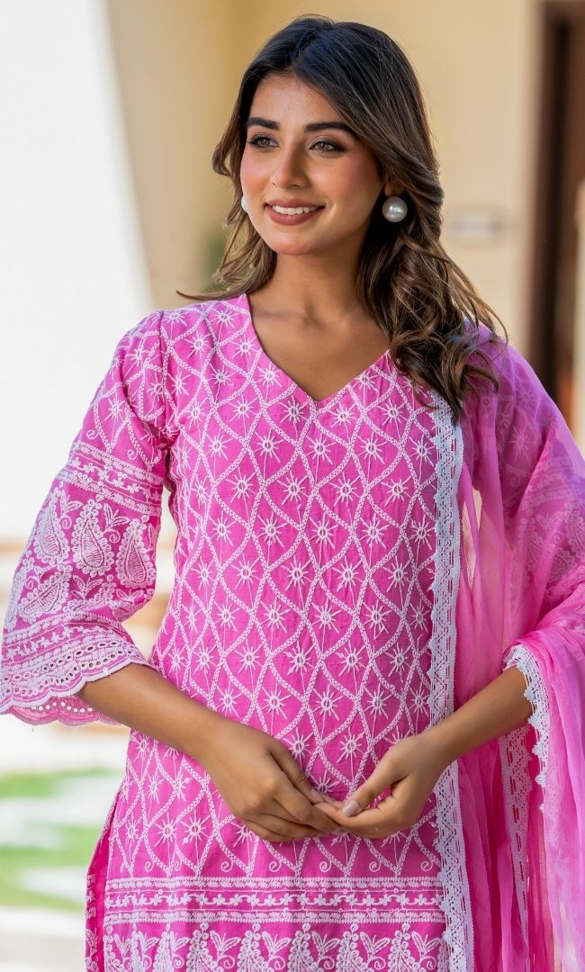 Neon Pink Chikankari Kurta Pant  Set
