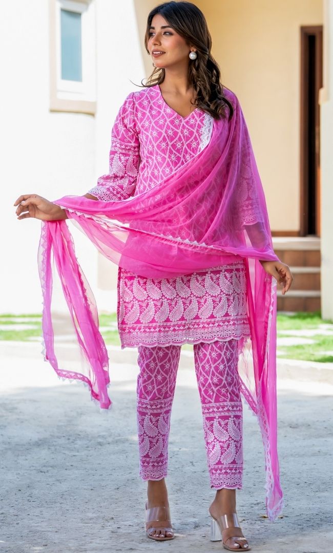 Neon Pink Chikankari Kurta Pant  Set