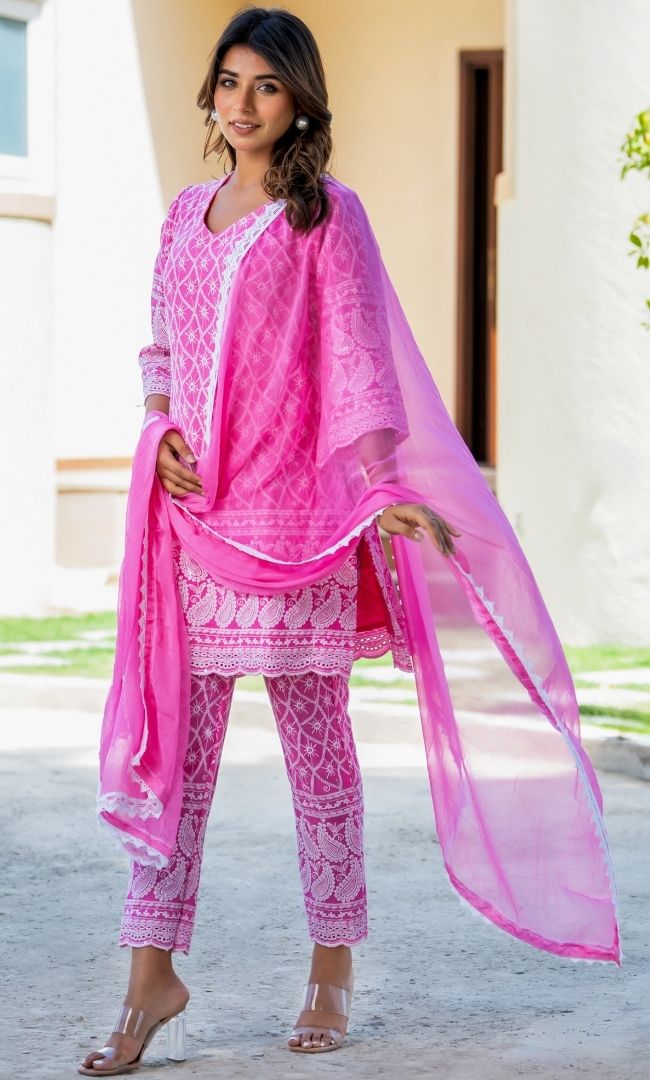 Neon Pink Chikankari Kurta Pant  Set