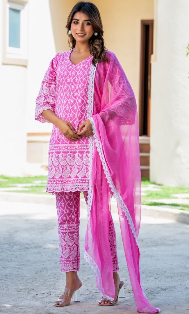 Neon Pink Chikankari Kurta Pant  Set