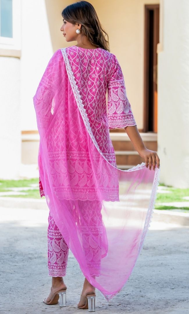 Neon Pink Chikankari Kurta Pant  Set
