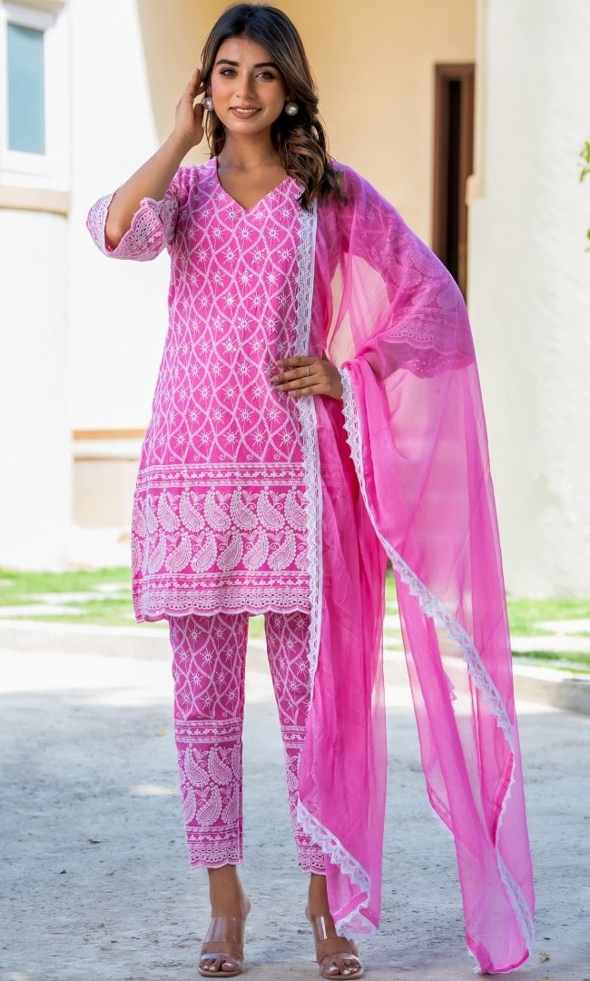 Neon Pink Chikankari Kurta Pant  Set