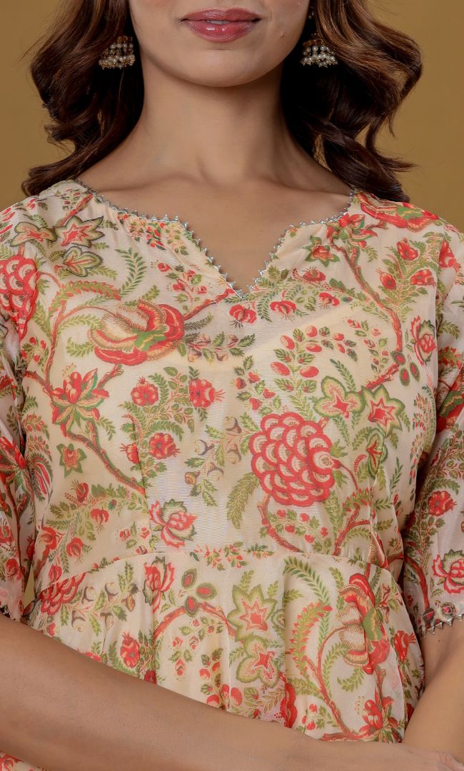Beige Floral Anarkali Set