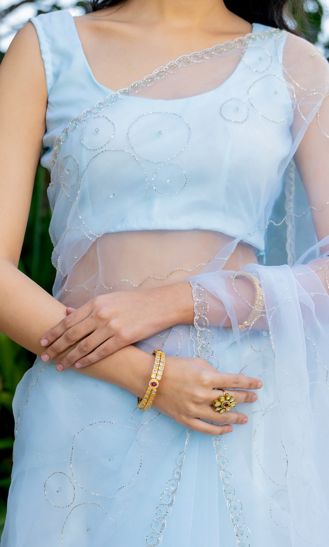 pastel blue circular work saree
