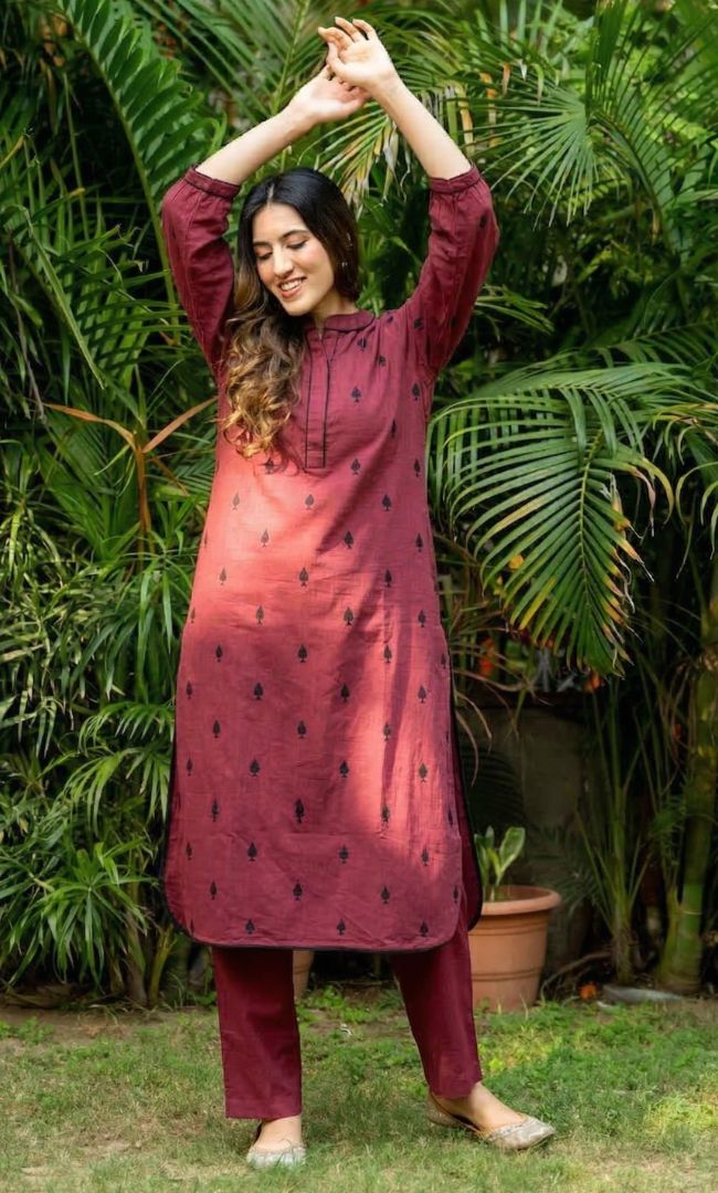 Maroon Pikes Spades Cotton Kurta Set