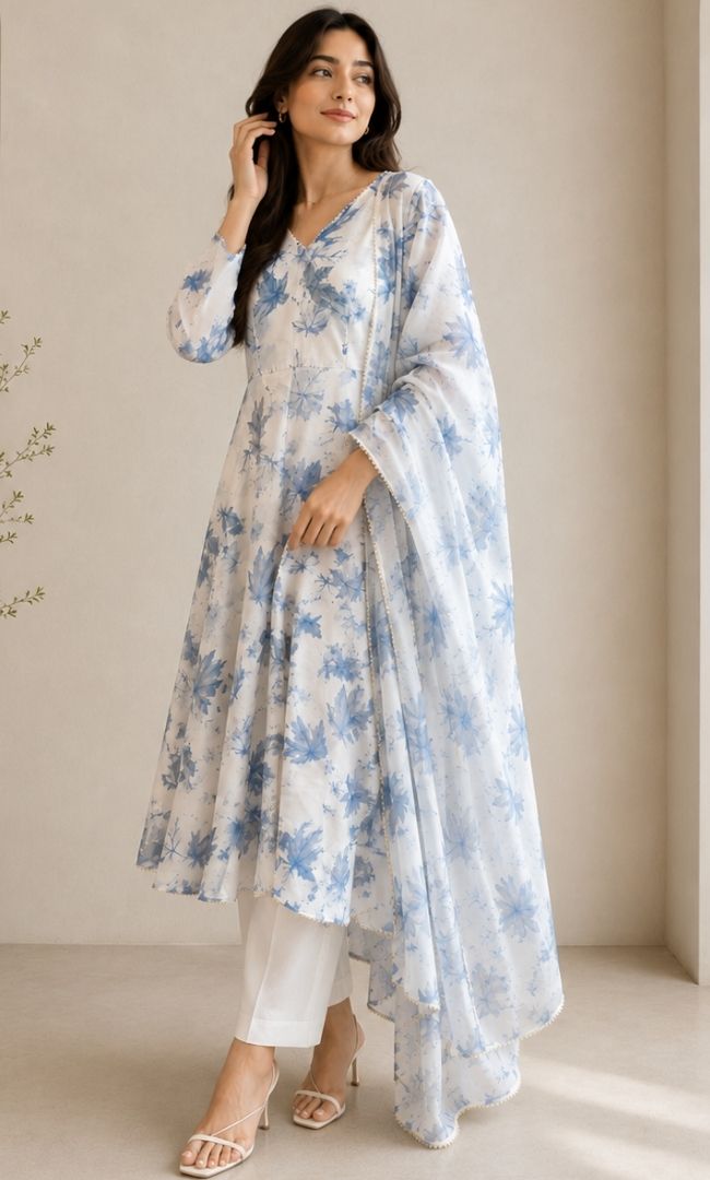 White Blue  Floral Georgette Anarkali Set