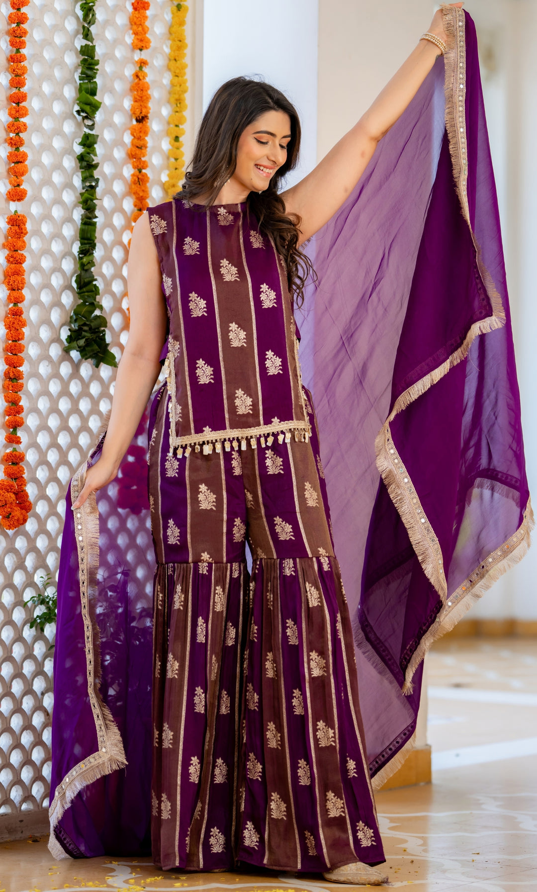 Purple Brocade Sharara Set