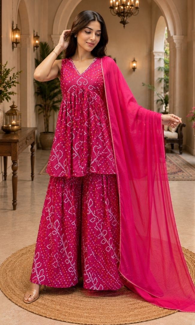Gulabi Bandhej Sharara Set