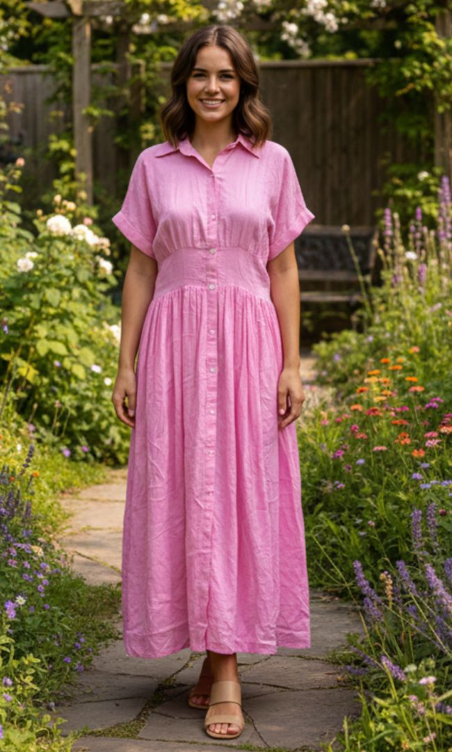 Rosy Retro Linen Dress