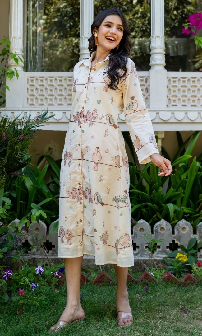 Bird Chirp Cotton Shirt Dress