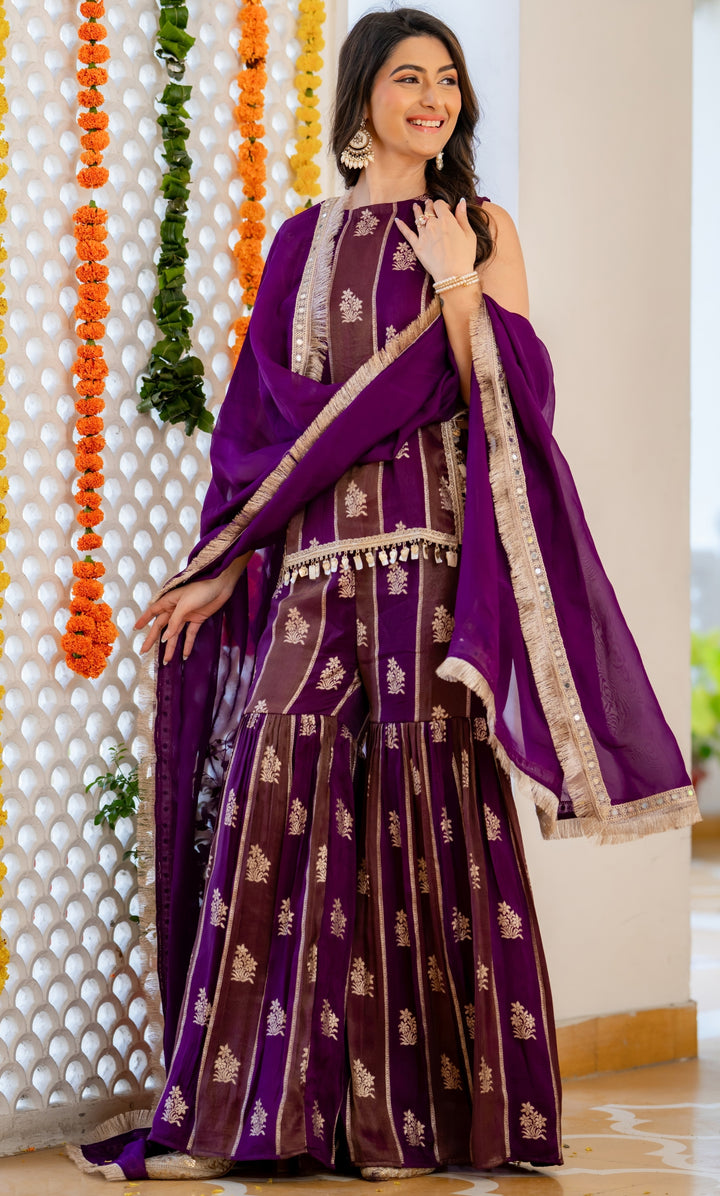 Purple Brocade Sharara Set