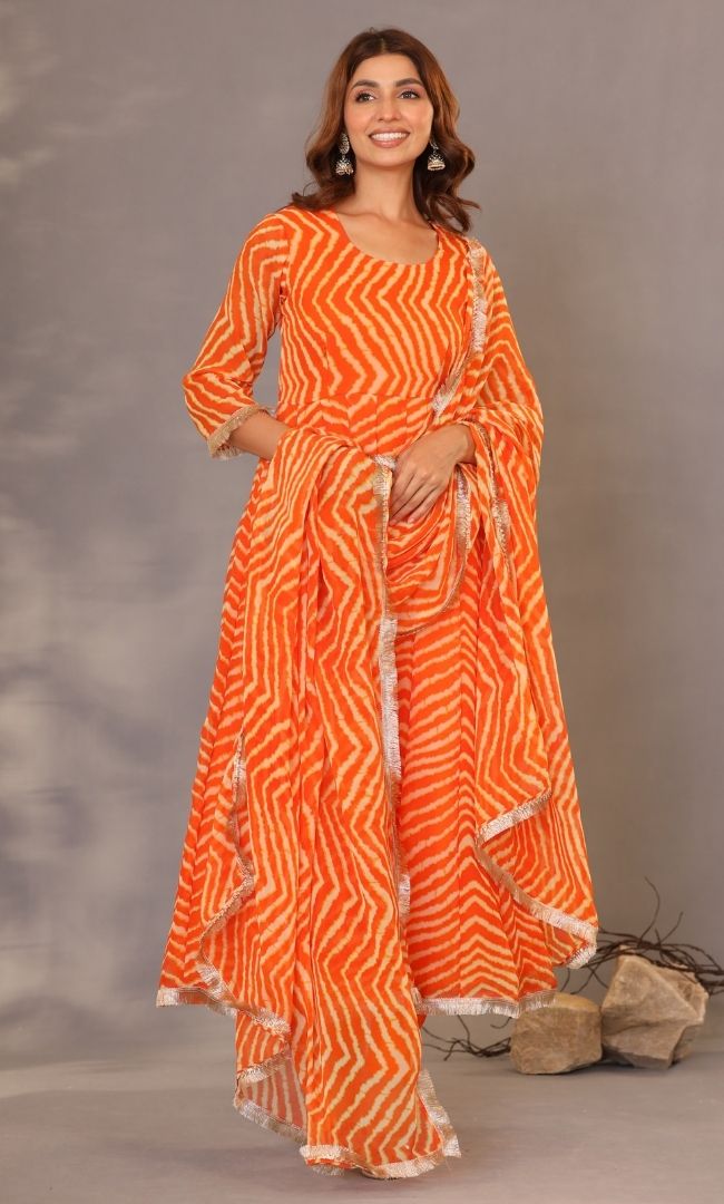 Orange Leheriya Anarkali Set
