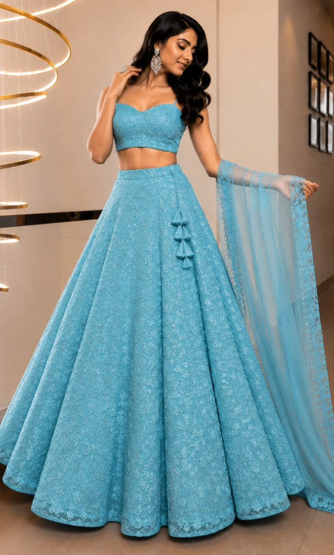 Aqua Floral Sequin Embroidery Lehenga Set