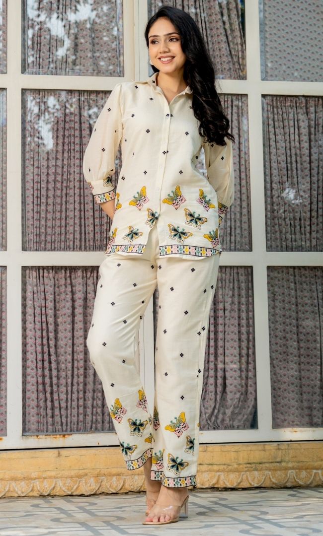 Embroidered White Cotton Butterfly Co-ord Set