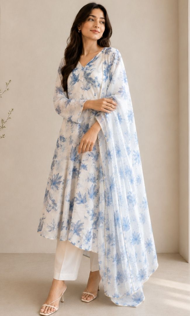 White Blue  Floral Georgette Anarkali Set